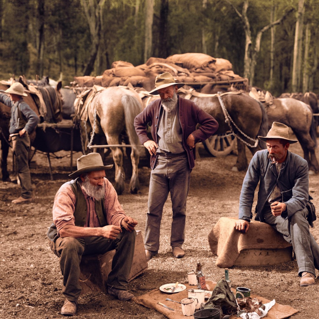 ‘Meal Break for Teamsters and Horses’, New South Wales, Australia, c. 1900. [Colorized]
