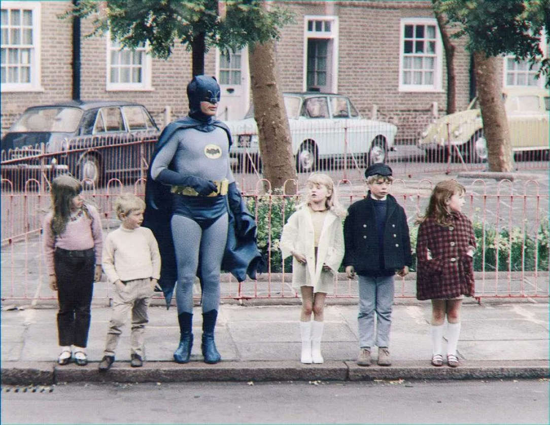 Adam West dressed up as Batman for the filming of a road safety ad for kids 1960s