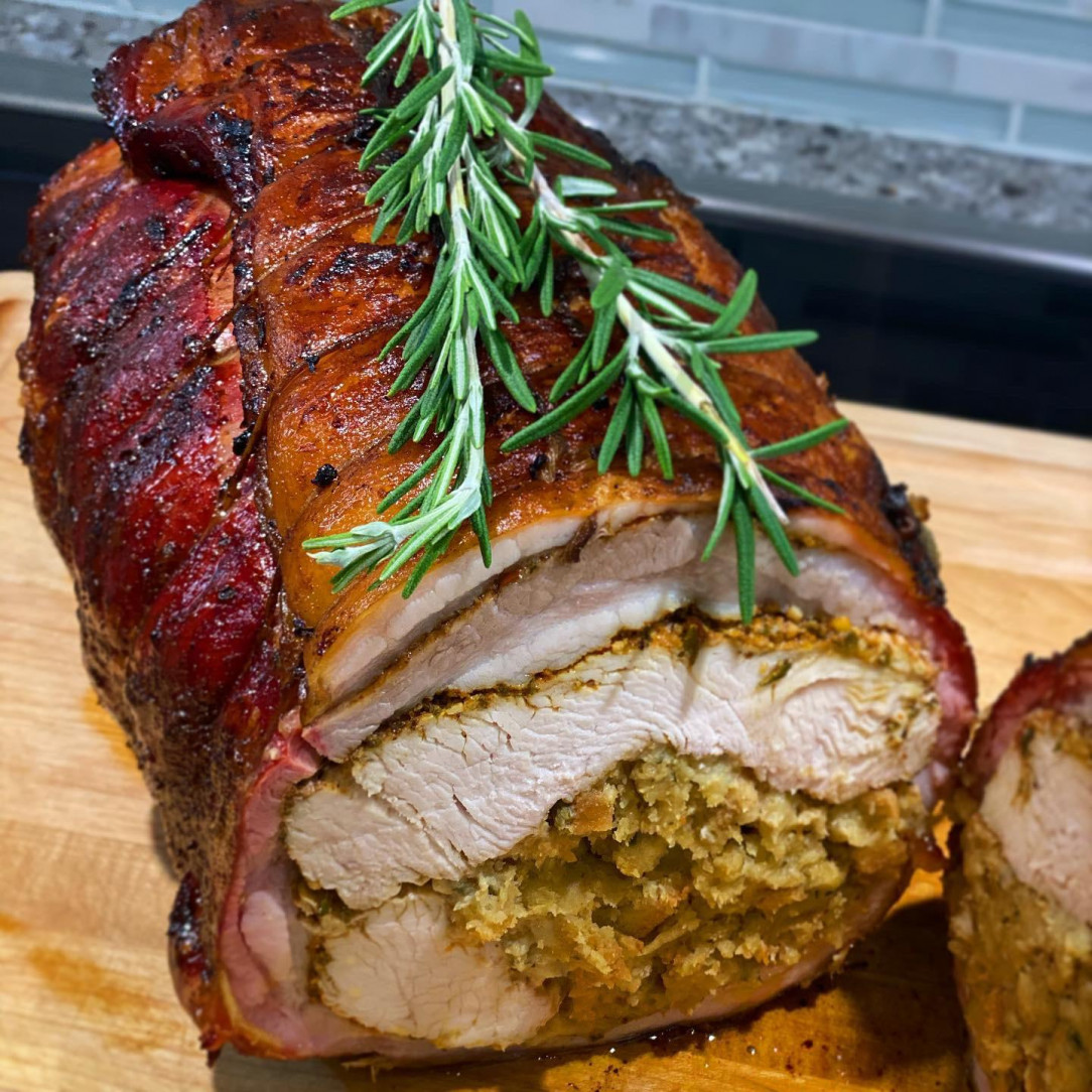 Turkey and stuffing wrapped in a pork belly and smoked with apple wood