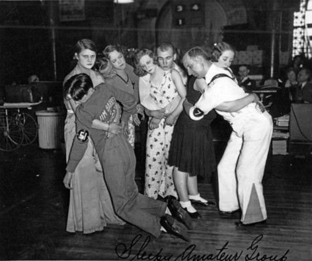 Exhausted contestants at a US dance marathon in 1938. You would be eliminated if your knees touched the floor