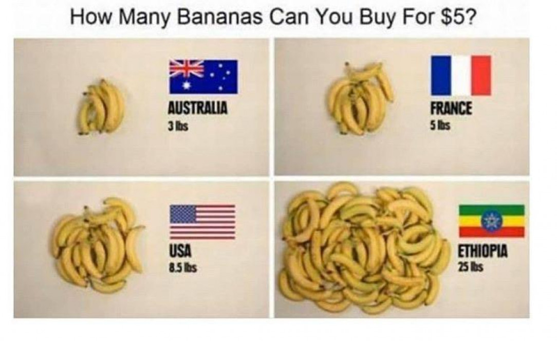 How Many Bananas Can You Buy for $5 in 4 different countries?