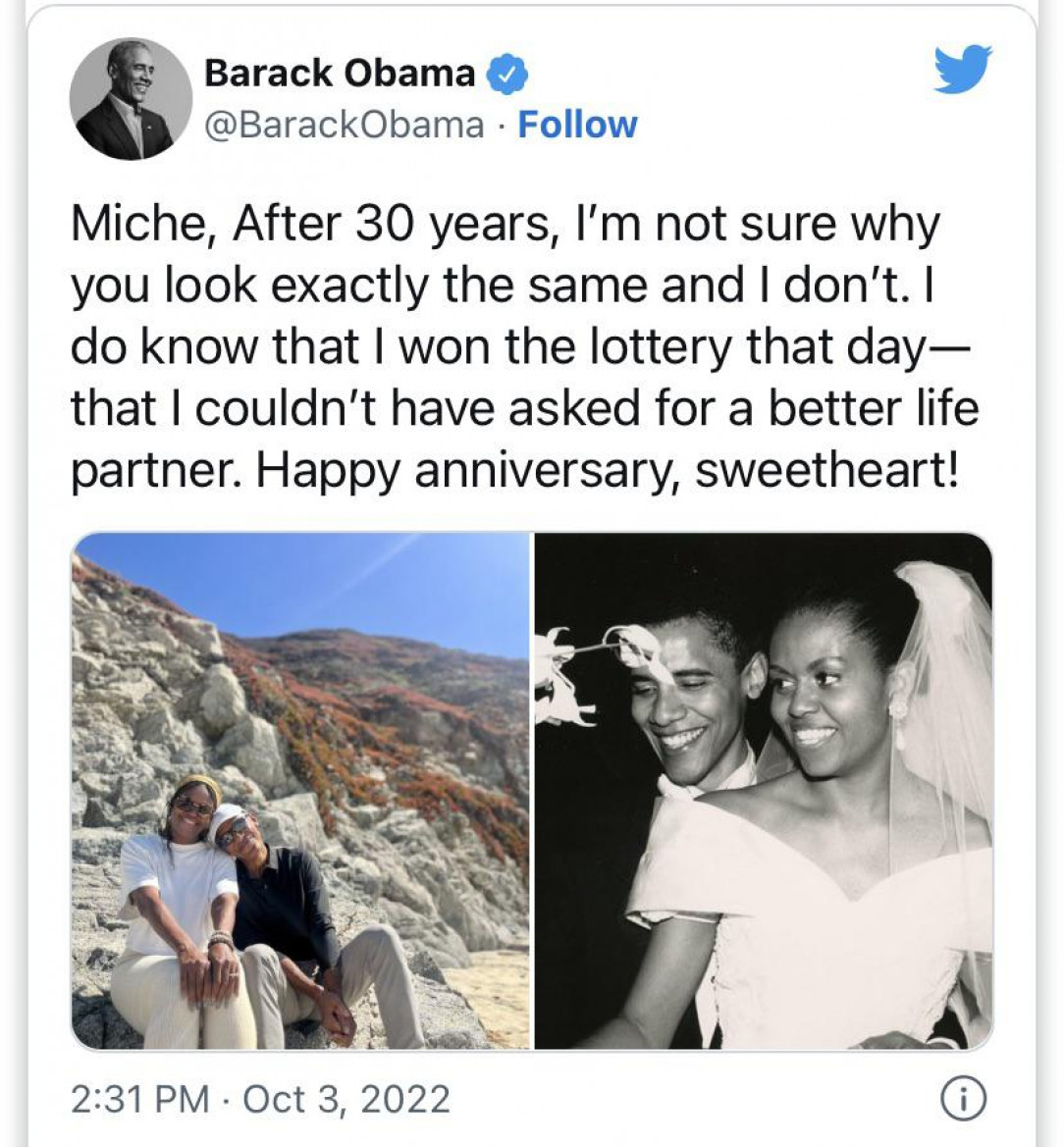 &quot;I won the lottery&quot;: Barack Obama wishes Michelle on their wedding anniversary