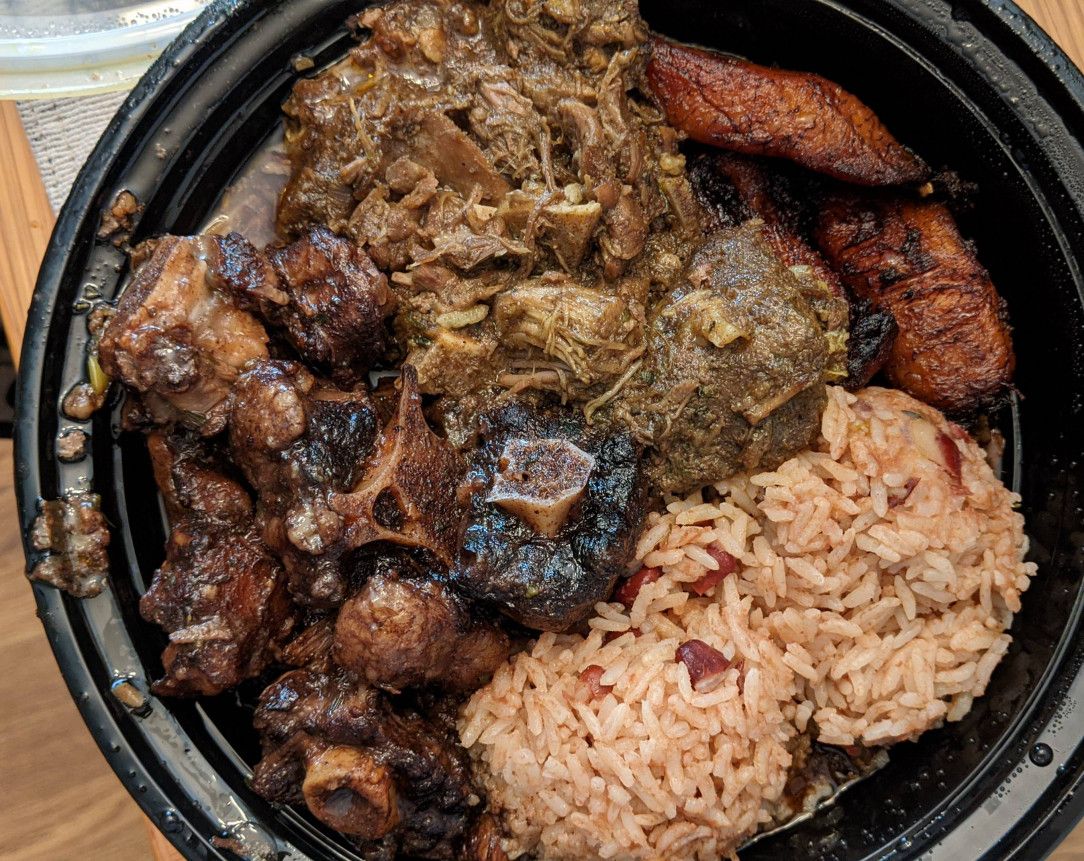 Goat and Oxtail Combo w/ Rice &amp;amp; Beans and Fried Plantains @ Back A Yard Caribbean Grill, Downtown San Jose