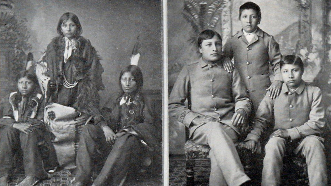 3 Sioux boys before and after they entered an Indian boarding school in 1883 and three years later
