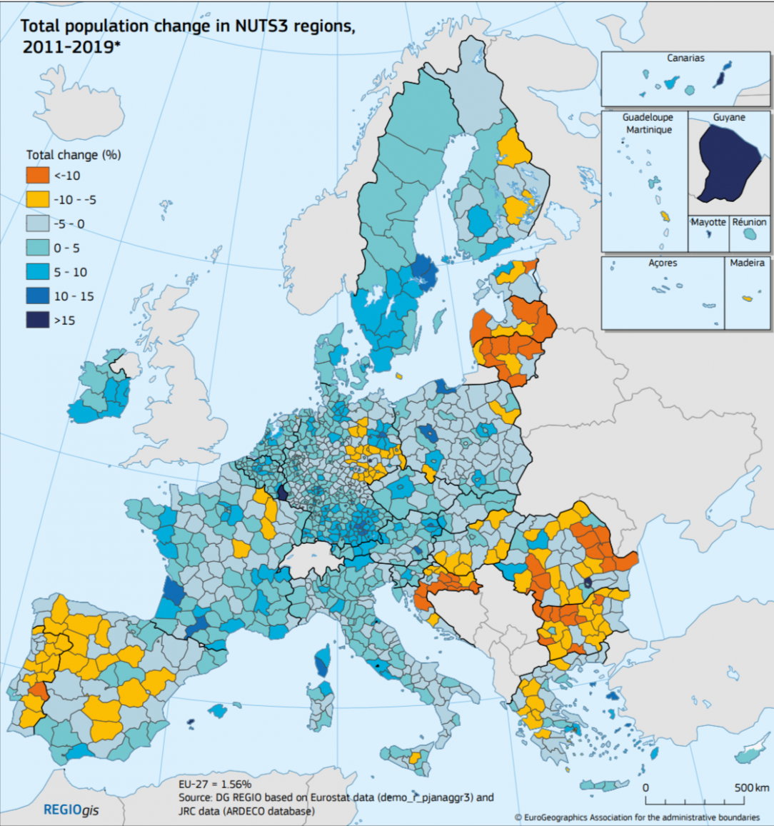 Population change between 2011 and 2019. (NUTS-3 regions)