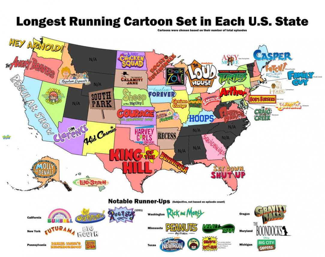 a guide to longest running cartoon set in each applicable state in U. S