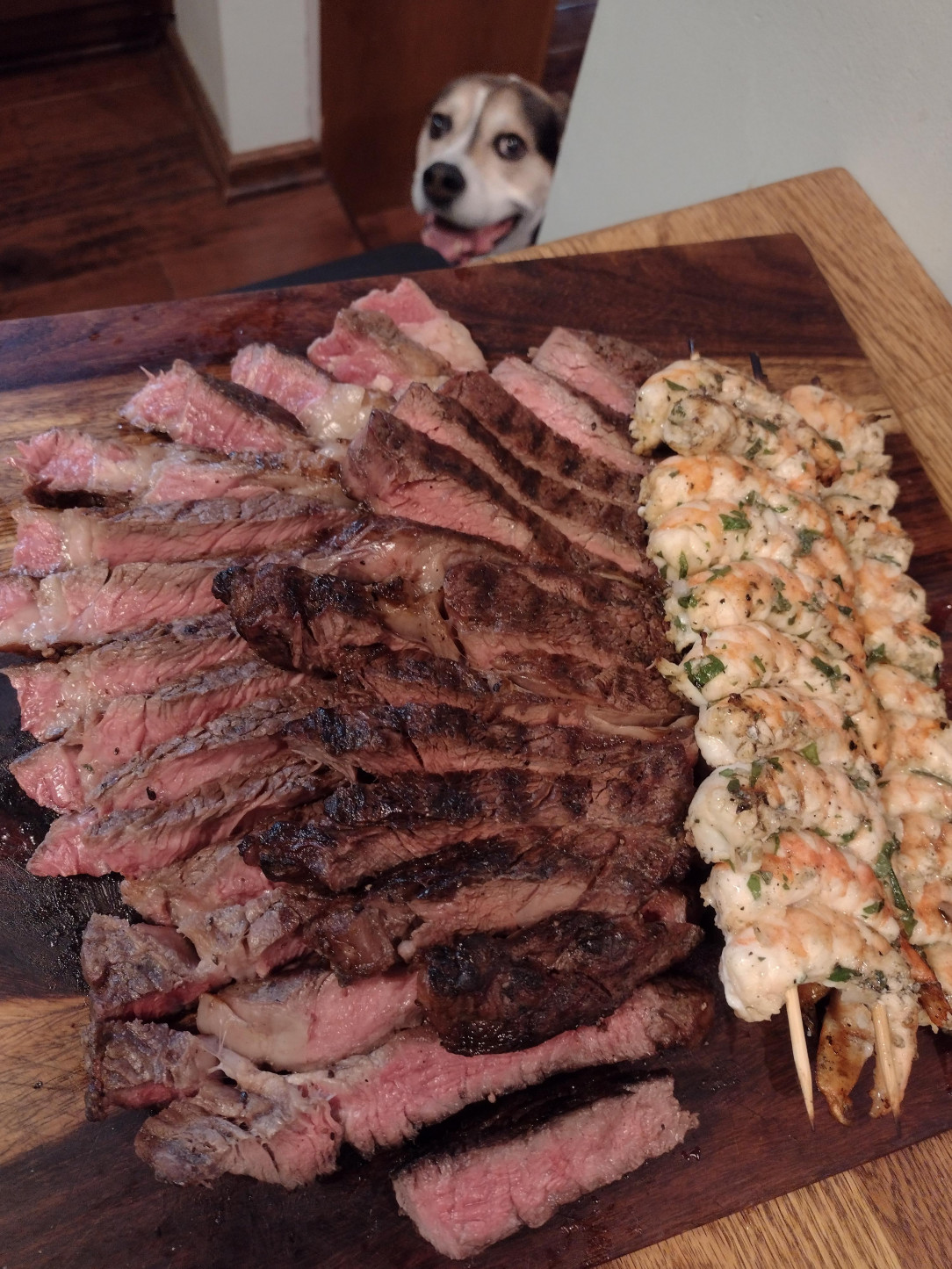 Charcoal grilled ribeye steak and shrimp