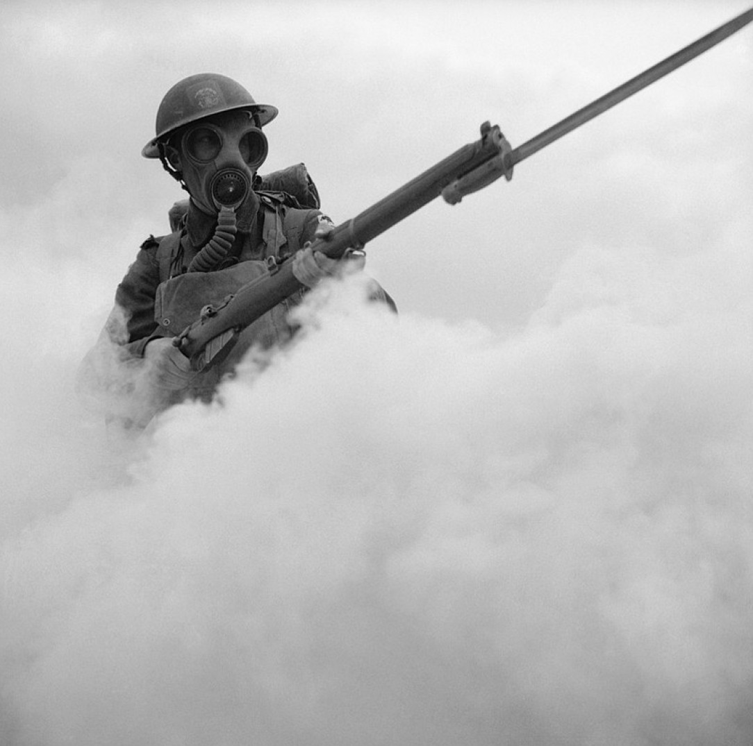 WW2 Soldier coming out of a gas cloud