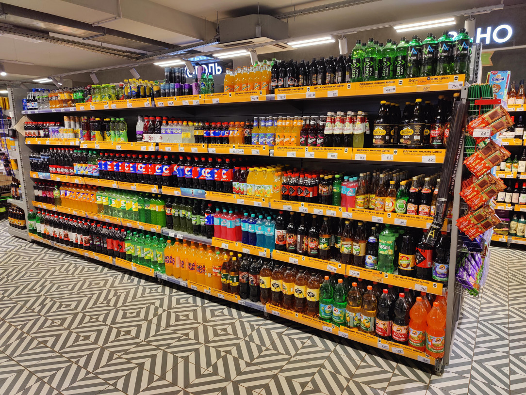 Typical Russian supermarket soft drinks shelves without any western brand after sanctions