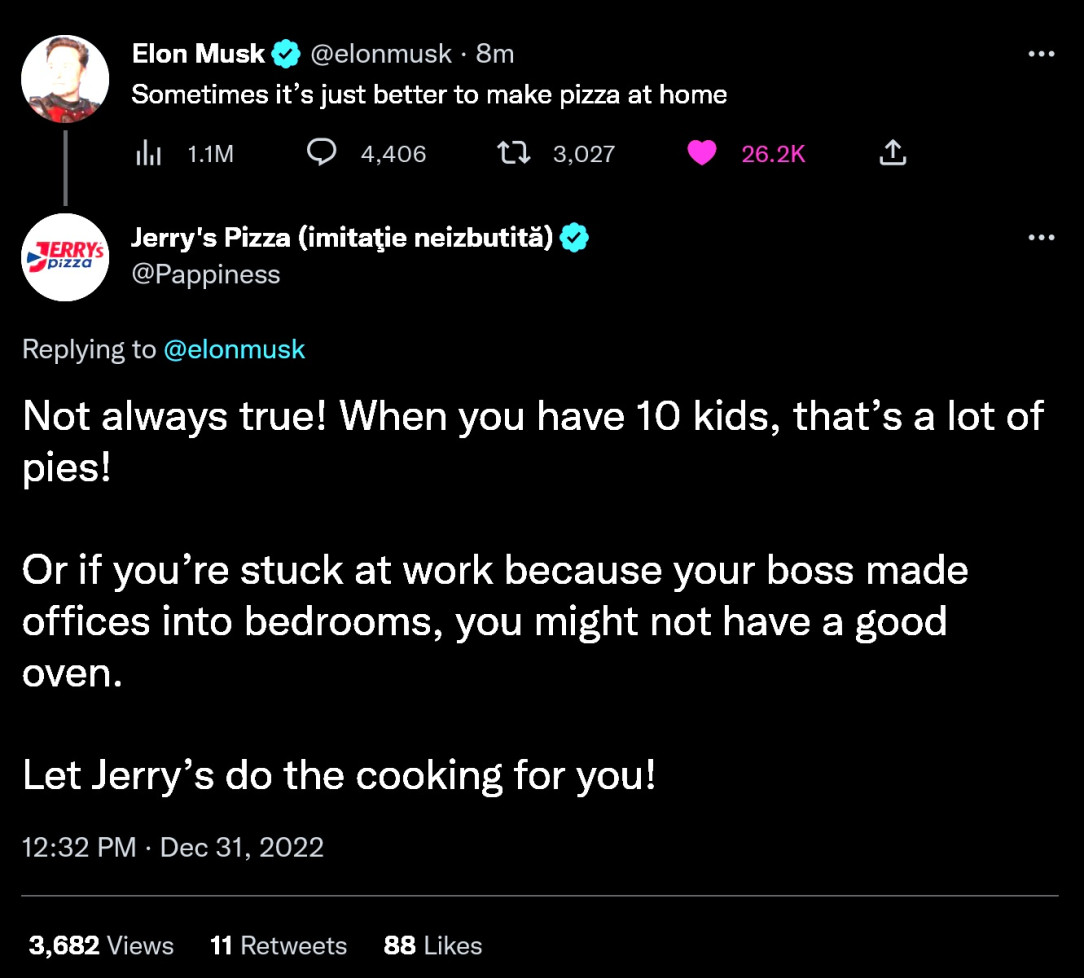 Elon roasted Andrew Tate, and was torched by Jerry&#039;s Pizza