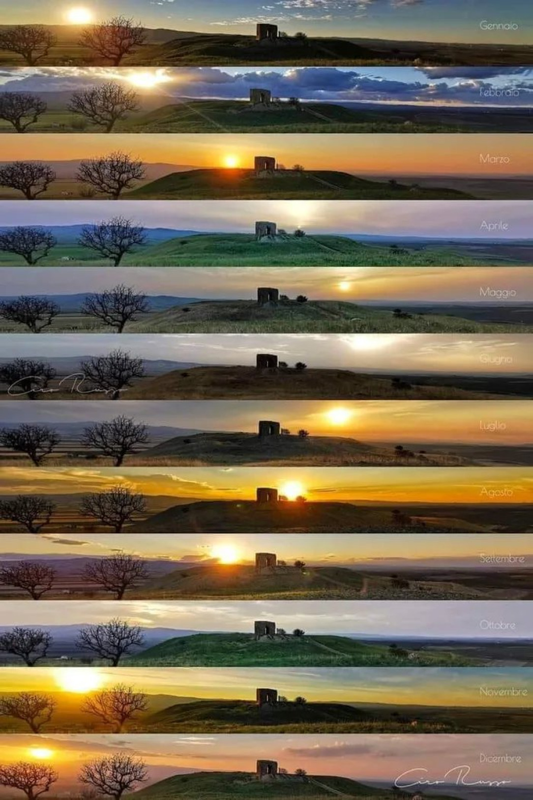 12 pictures of the sun, each month, same place and same time