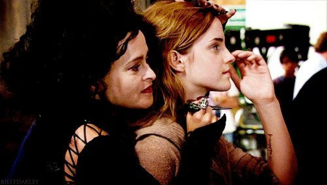 Helena Bonham Carter hugs Emma after the torture scene at Malfoy Manor