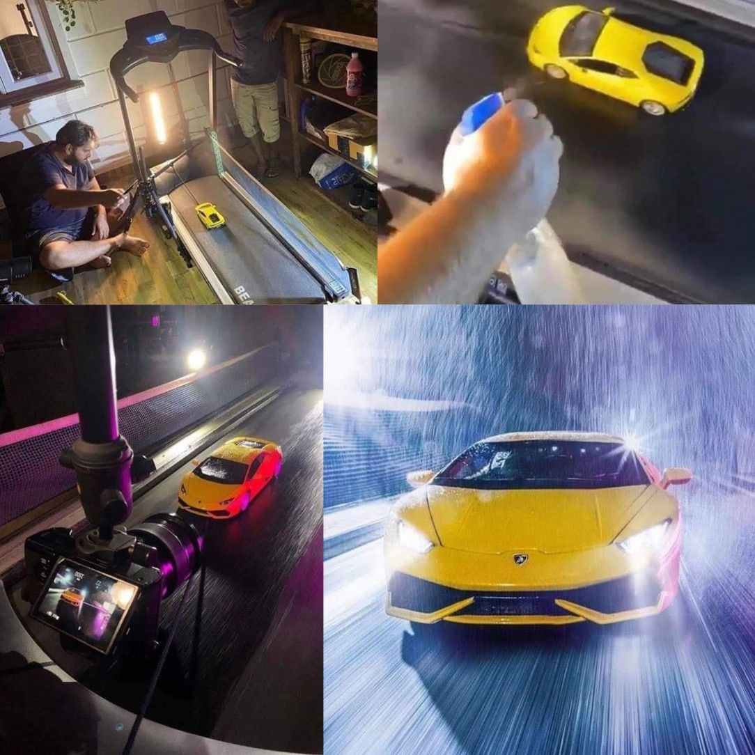 Toy car speeding on a treadmill