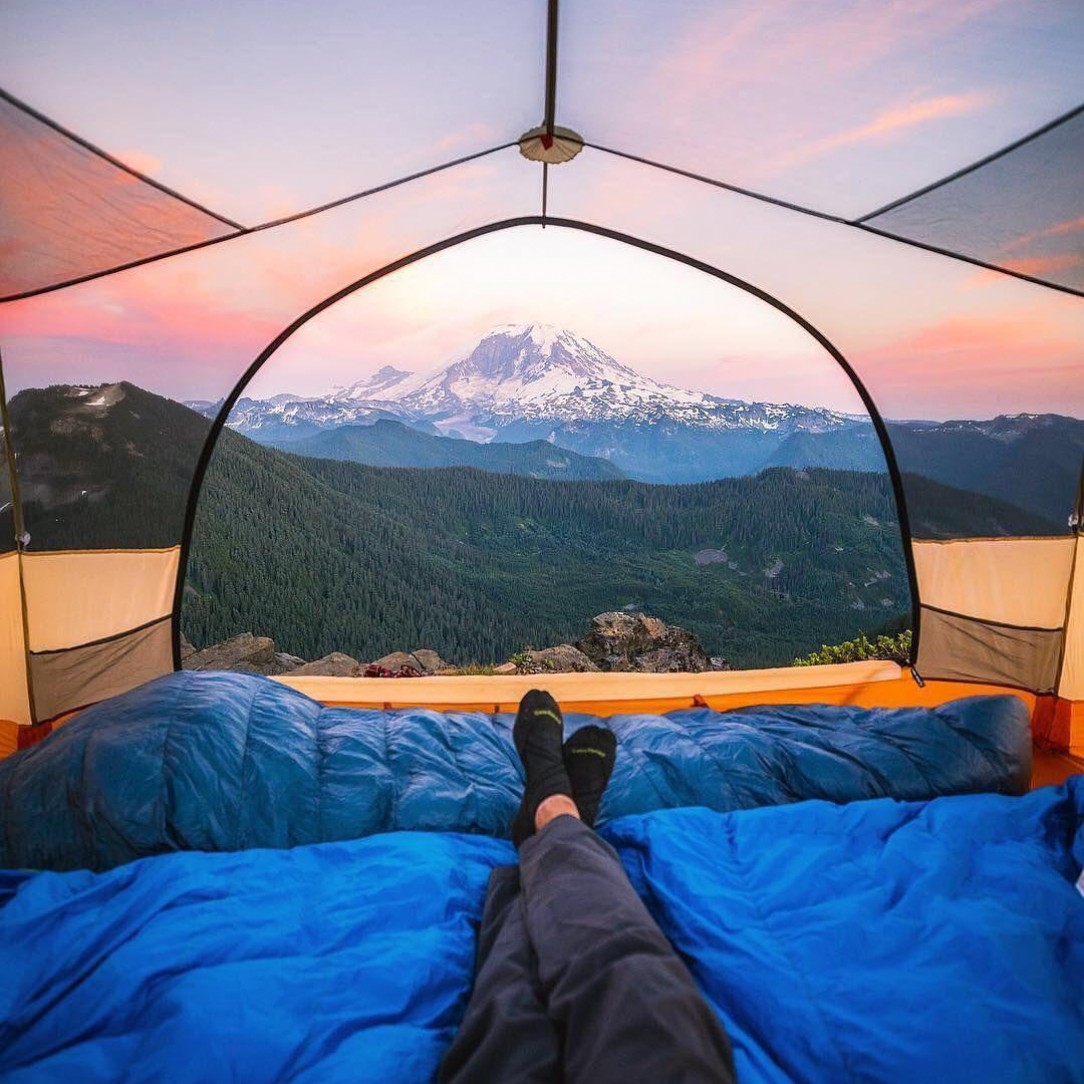 This transparent tent with a sunset view of Mount Rainier