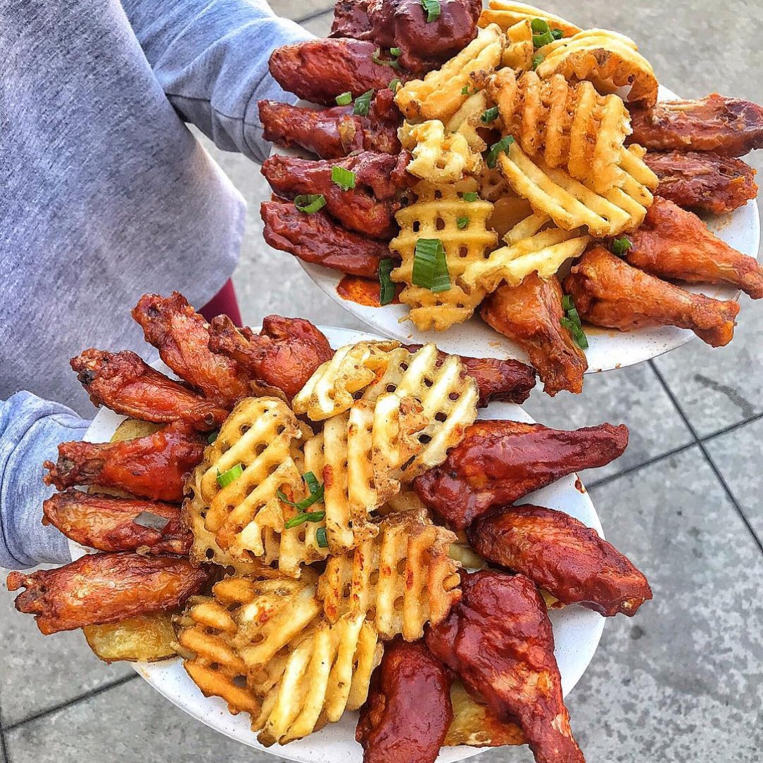 Waffle fries with chicken wings