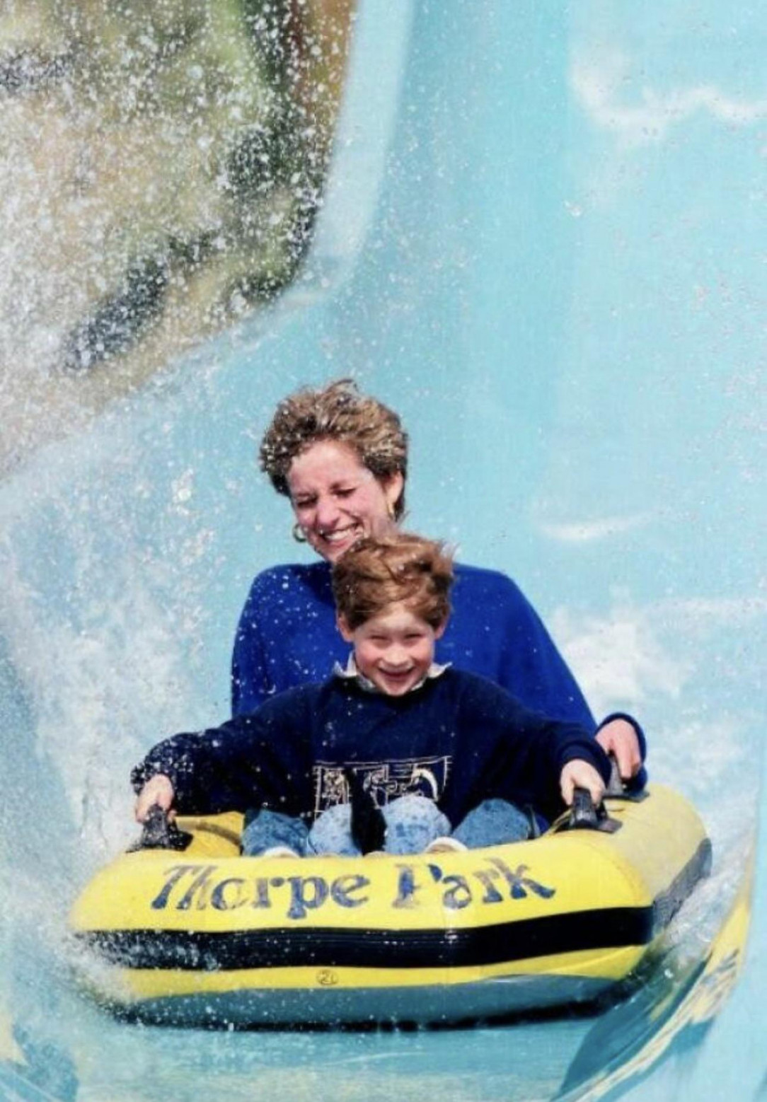 April 18, 1992. Princess Diana And Prince Harry Ride A Water Slide At Thorpe Park