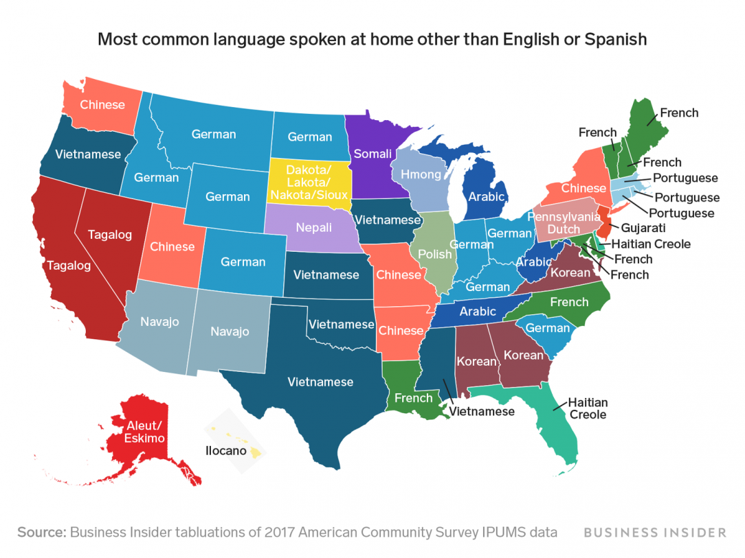 Most common language spoken in each state after English and Spanish