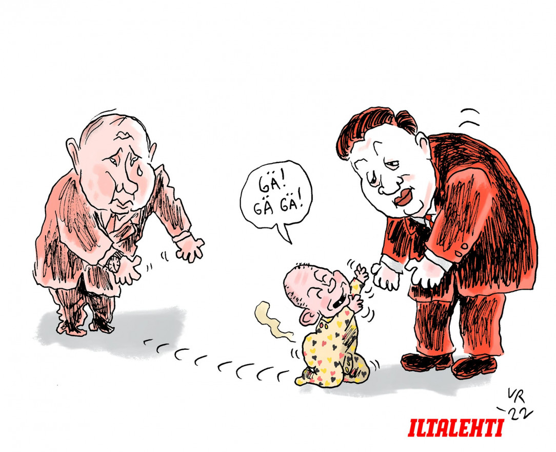 Baby Germany is crawling away from Russian dependence (Ville Ranta cartoon)