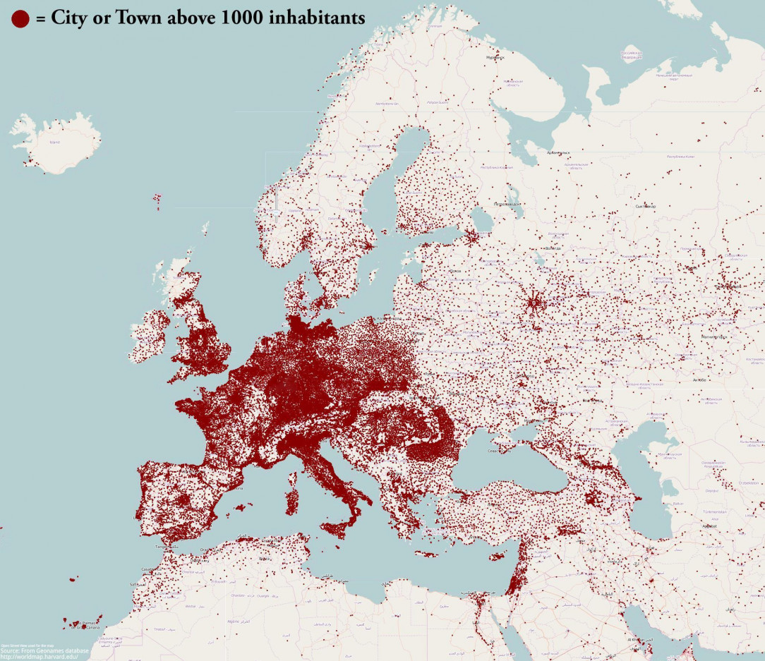 Map of city or town above 1000 inhabitants