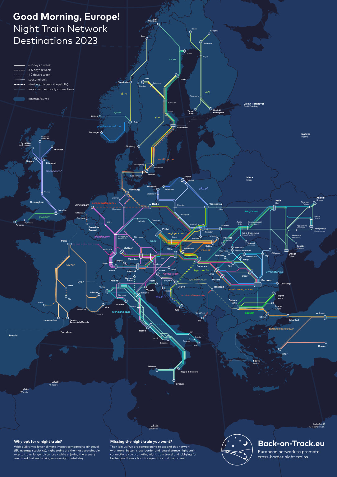 Map of night trains in Europe in 2023