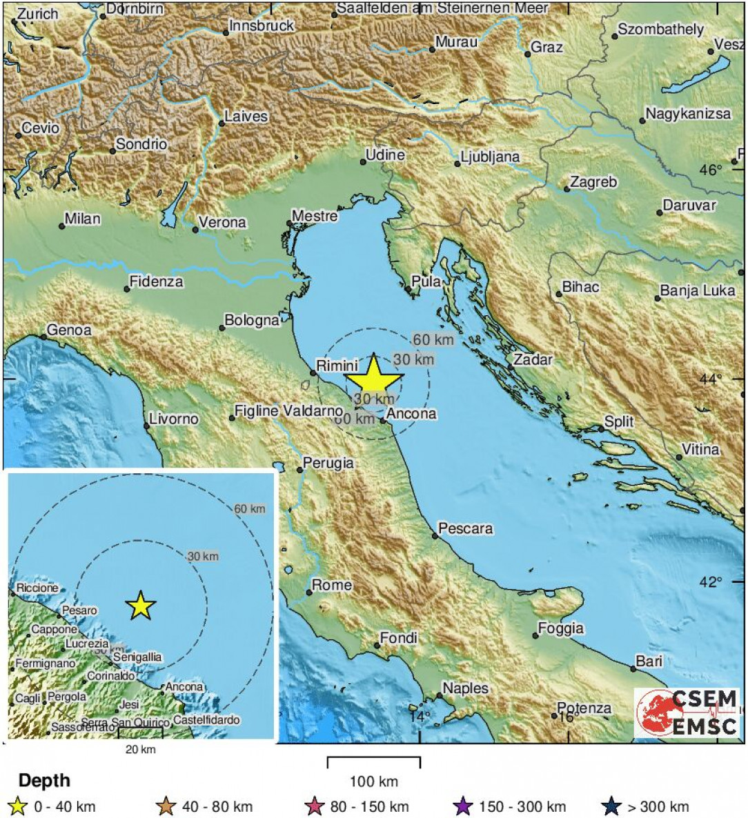 Earthquake confirmed by seismic data. Preliminary info: M6. 1 || 30 km NE of Senigallia, Italy