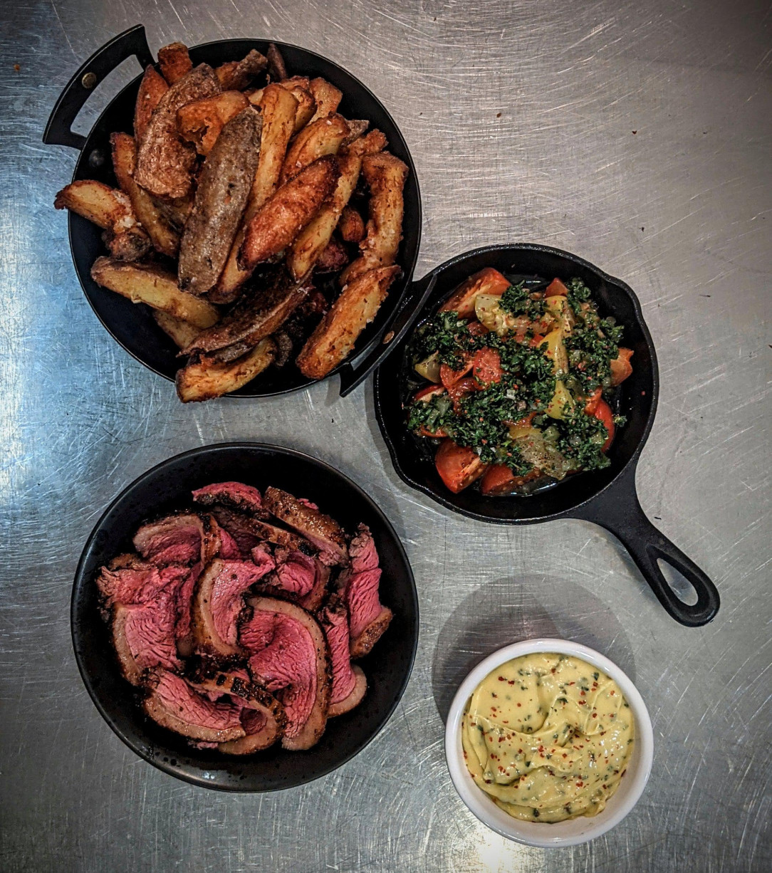 Steak and chips - oak smoked picanha, proper triple cooked chips, smoked butter bearniase &amp;amp; salsa Verde tomatoes