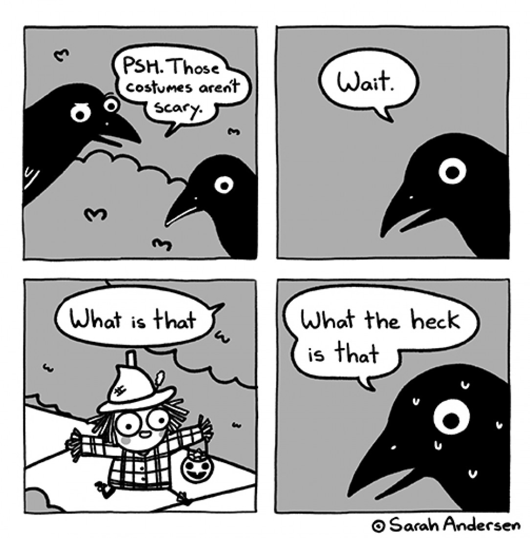 Crows watching Trick or Treaters (comic by Sarah Andersen)