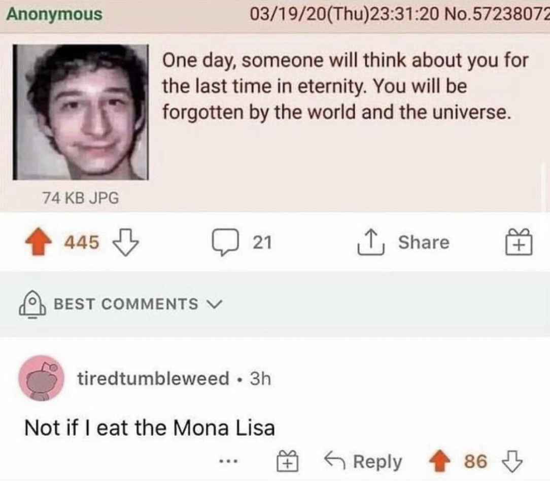 u/tiredtumbleweed Will aquire immortality in memories by eating Mona Lisa