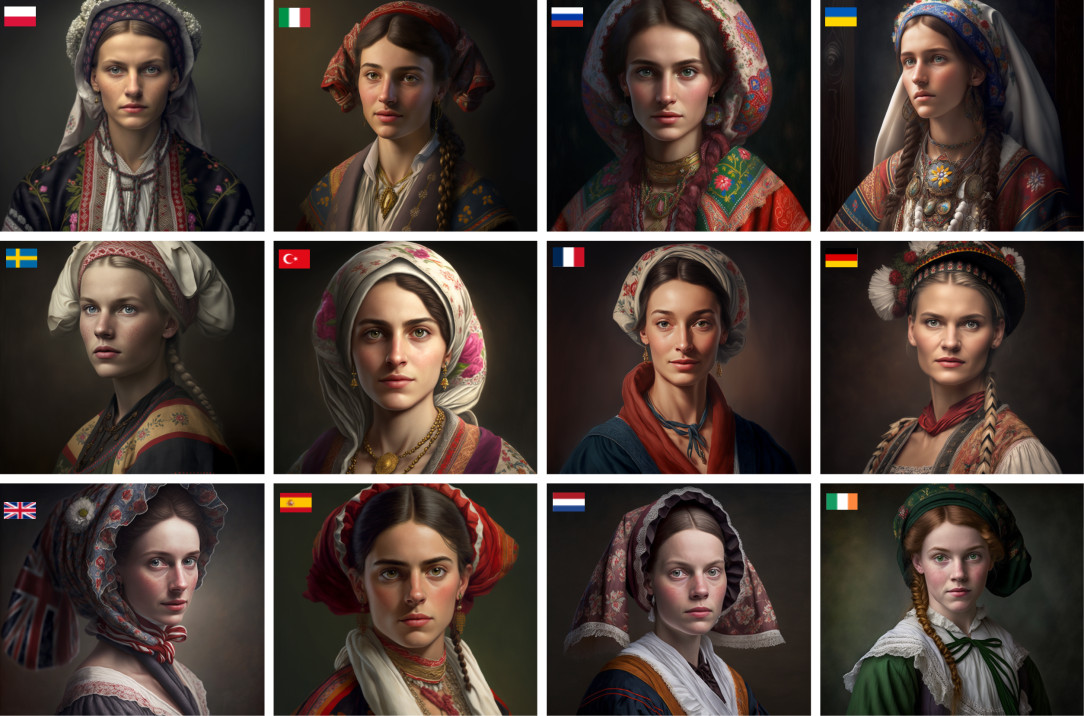 Midjourney AI generated images of European women with traditional clothes