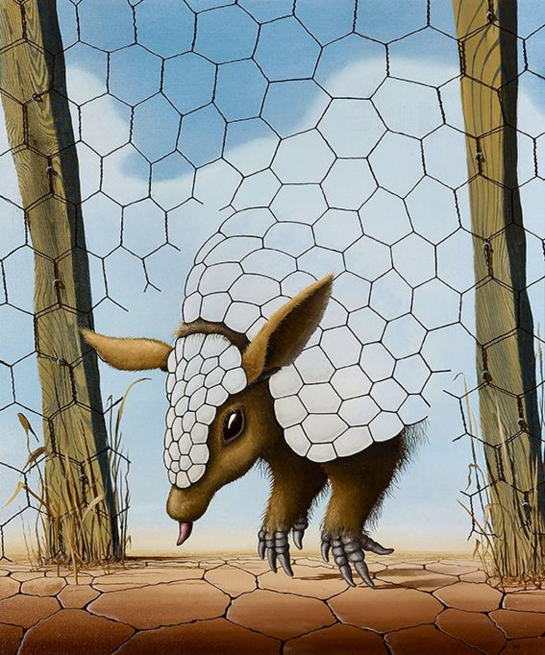 This painting, by my father Norman Parker, of an armadillo escaping from a compound