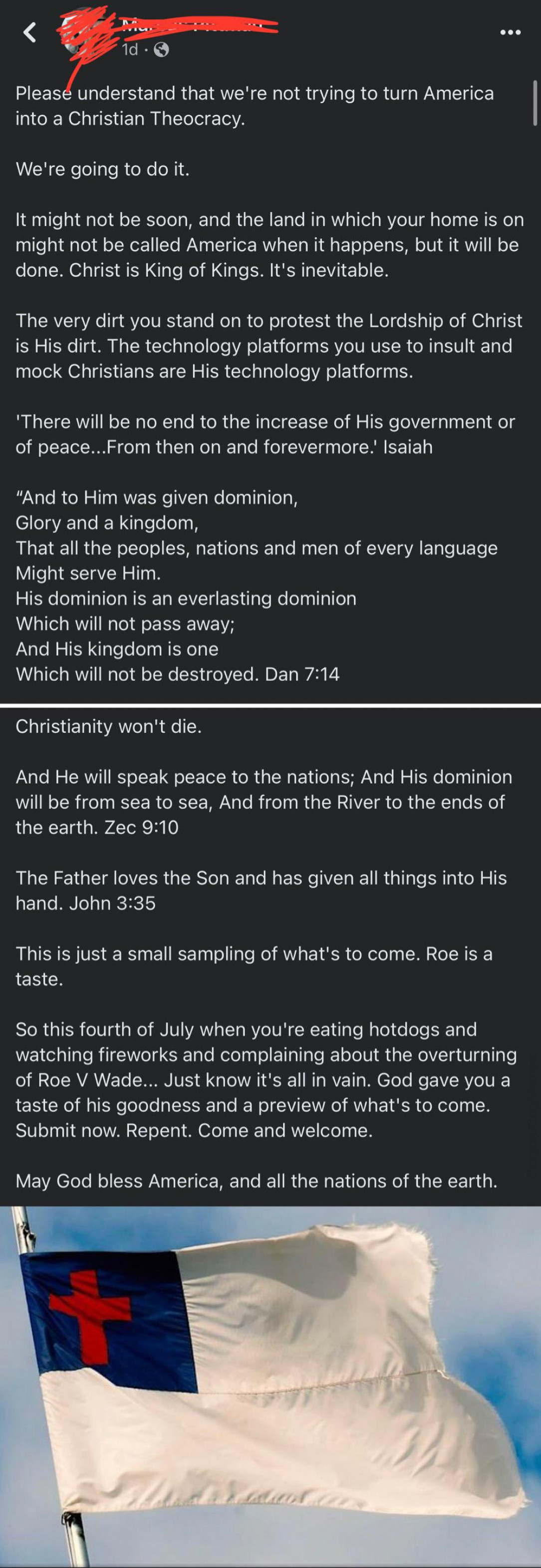 Christian Nationalist with 8, 000 followers making vaguely threatening posts on July 4th