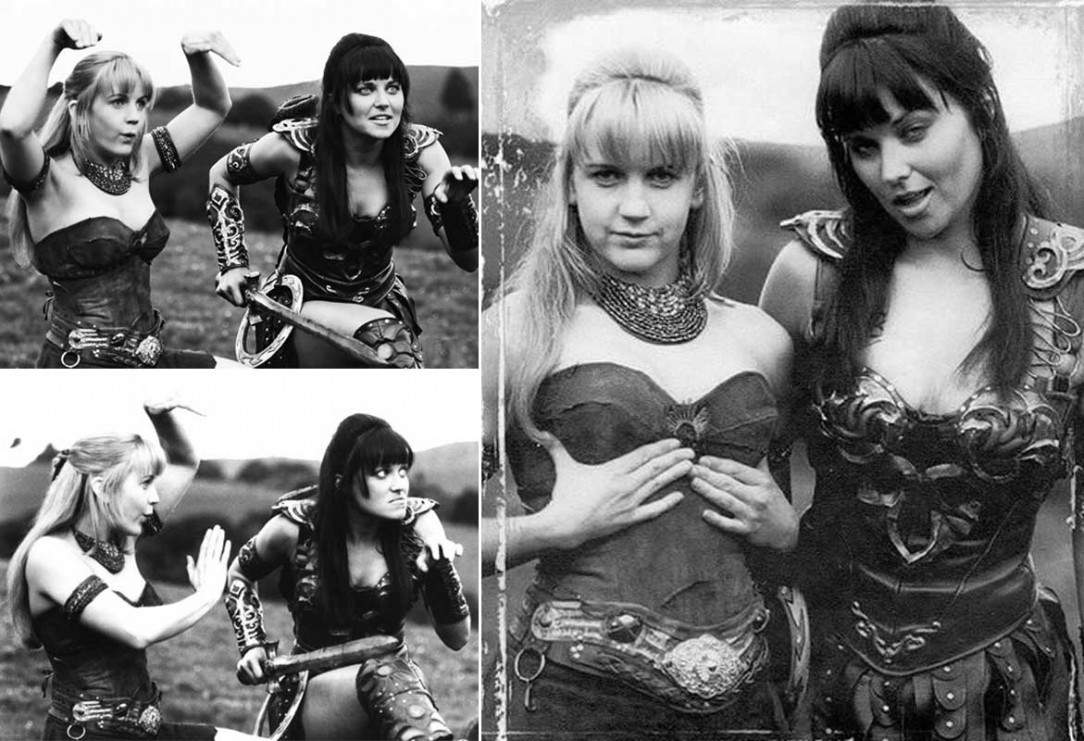 Renée OConnor and Lucy Lawless goofing off on the set of Xena Warrior Princess (1995)