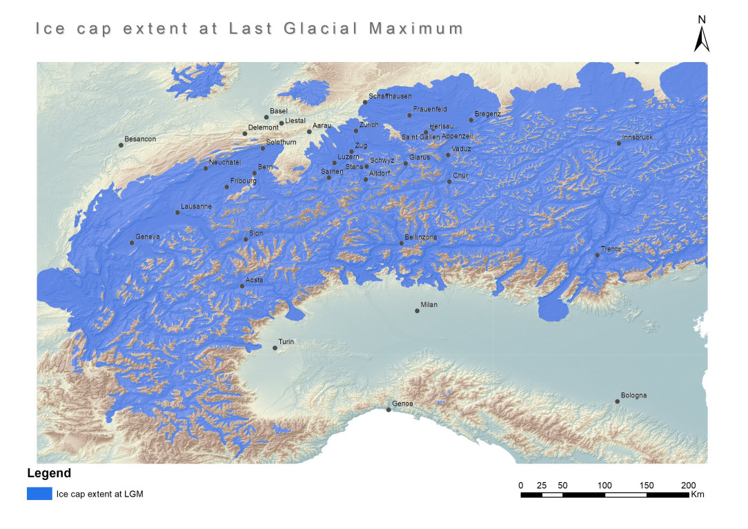 Many cities in the Alpine region were under the ice cap of the Alps during the Last Glacial Maximum