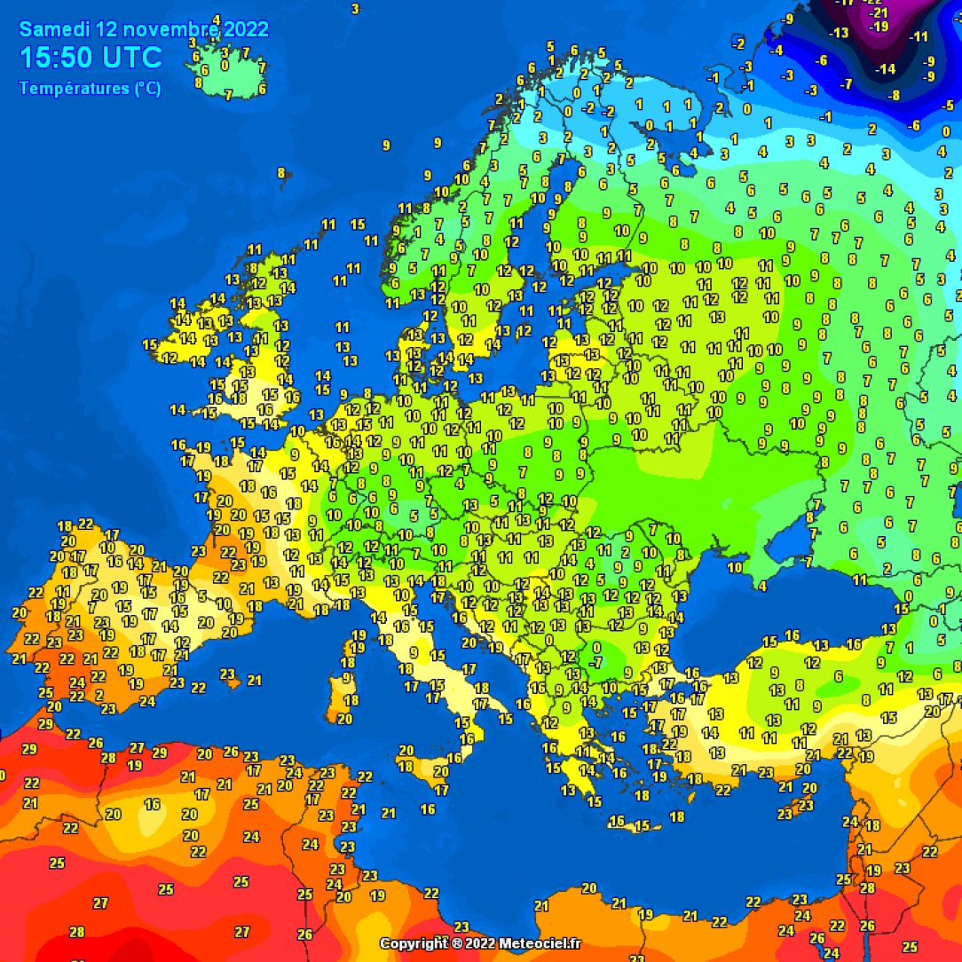 Temperatures on the 12th of November 2022 (Warmest ever recorded 12-11 in at least the Netherlands)