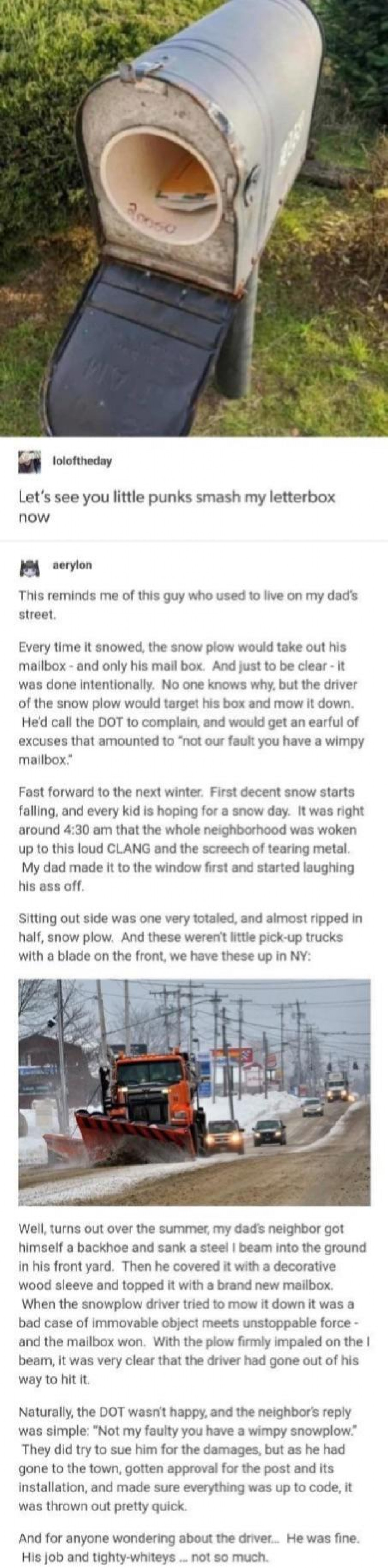 Having lost a mailbox this story made me smile