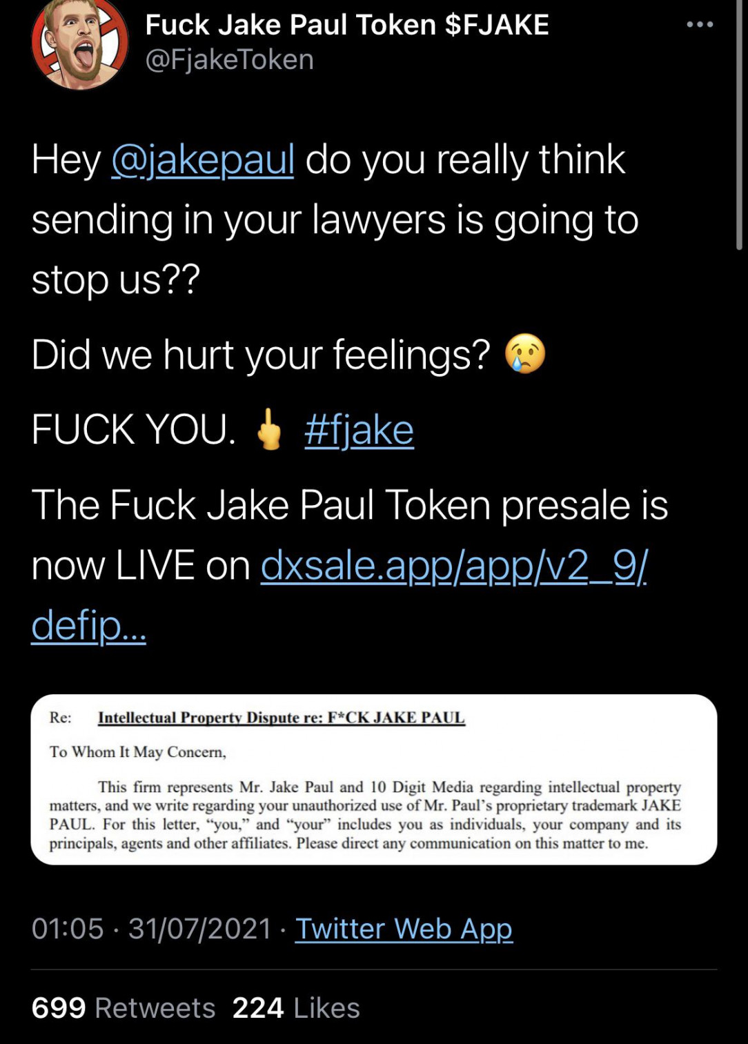 Jake Paul is getting mad and trying to sue cause some dudes created a token to troll him that is named F*ck Jake Paul