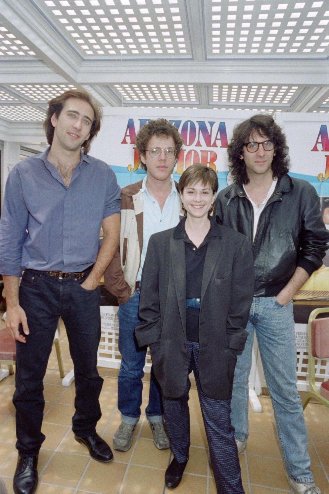 Nicolas Cage, Holly Hunter, and Joel and Ethan Coen at Cannes for Raising Arizona, 1987