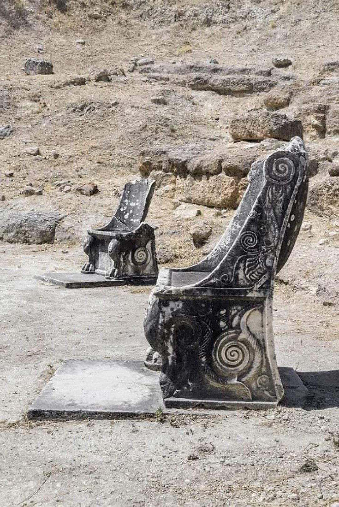 2000 year old marble throne seats at the Theatre of Amphiareion of Oropos, Greece