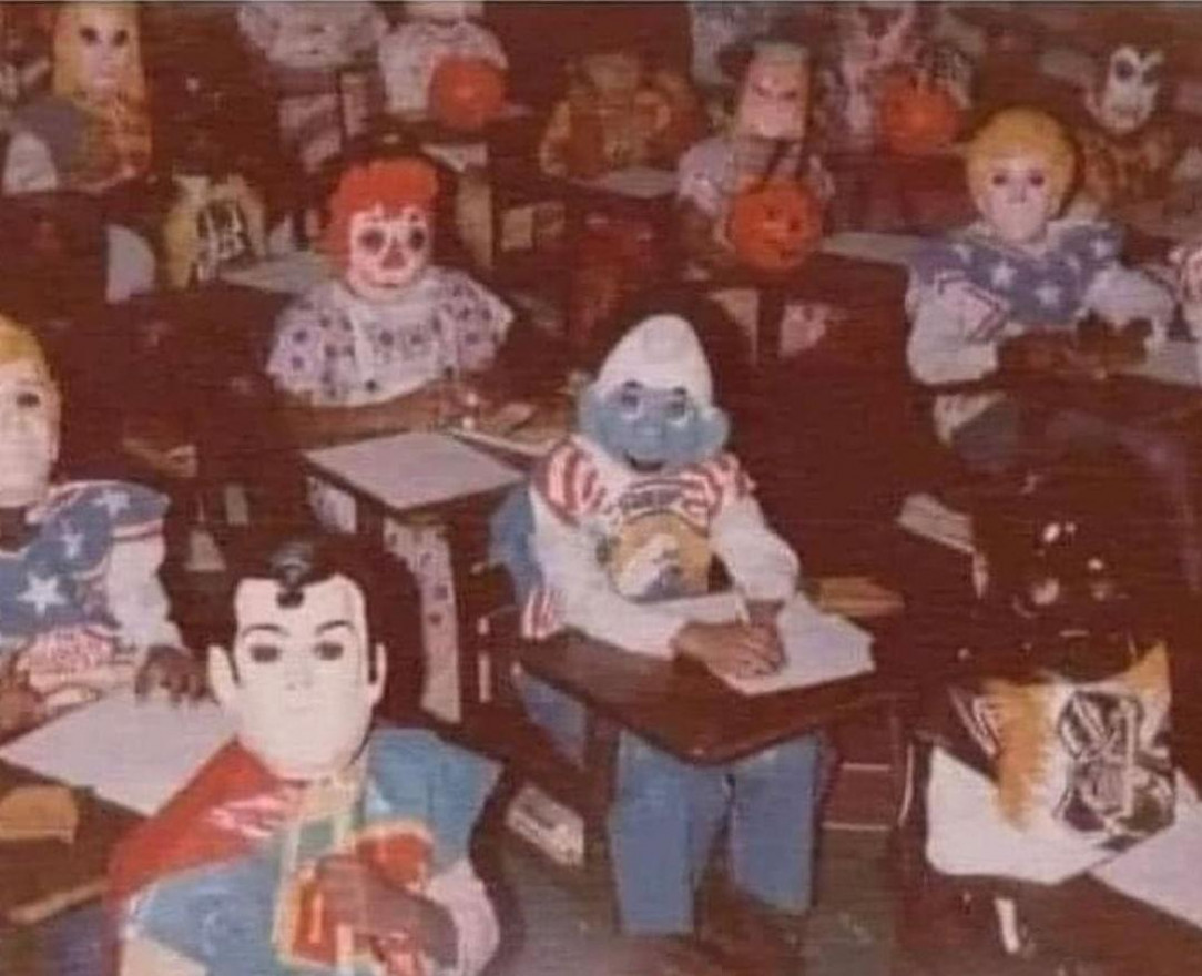 Halloween at school back in the day, looked like a room full of people ready to purge