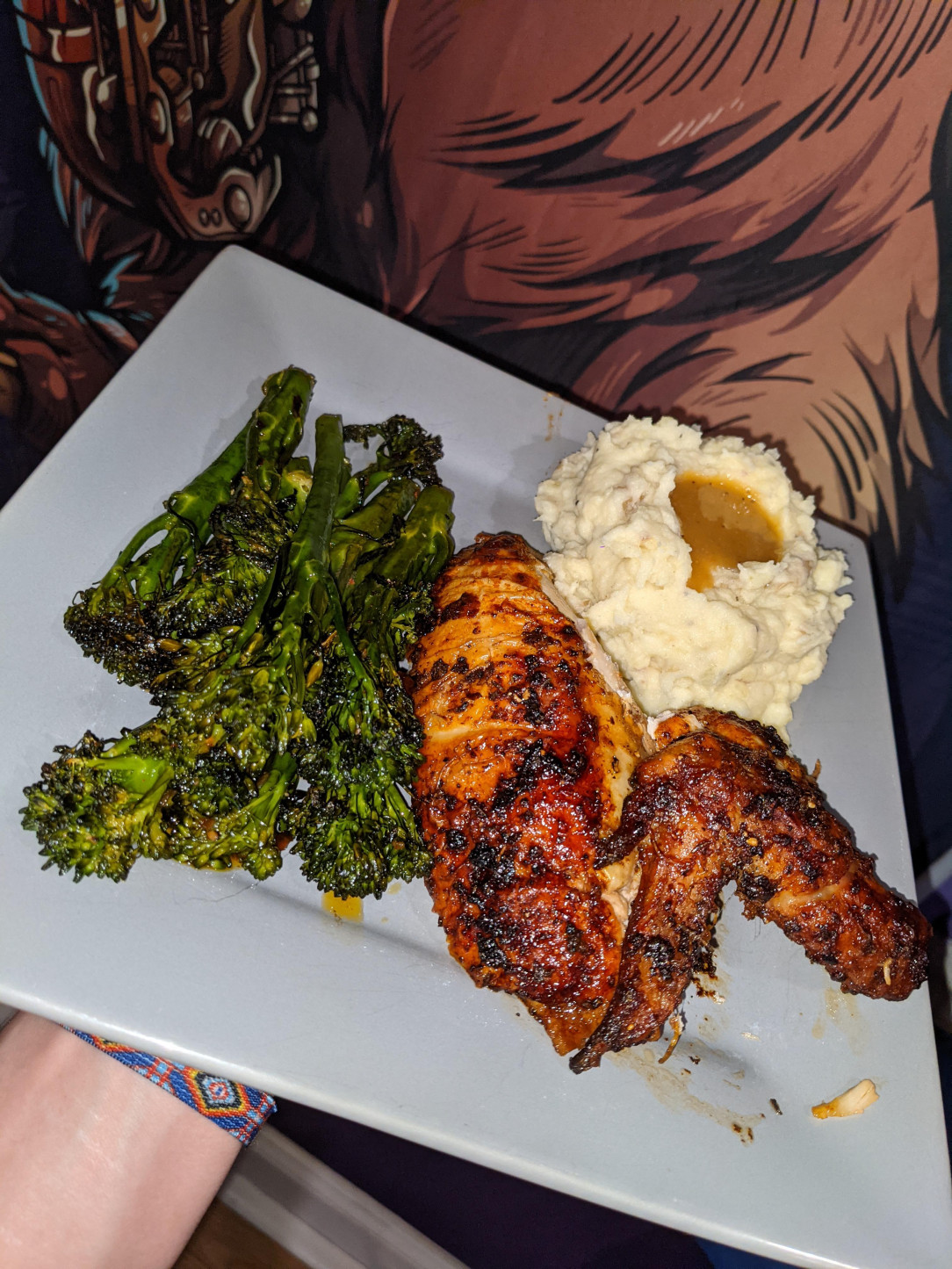 Air fryer rotisserie chicken with mashed and broccolini!