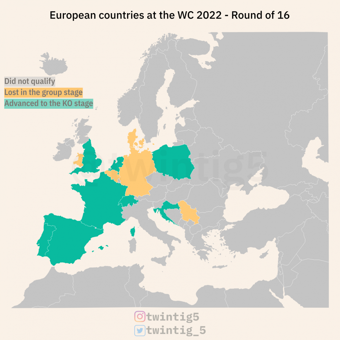 [Map] European countries at the World Cup 2022 - Round of 16