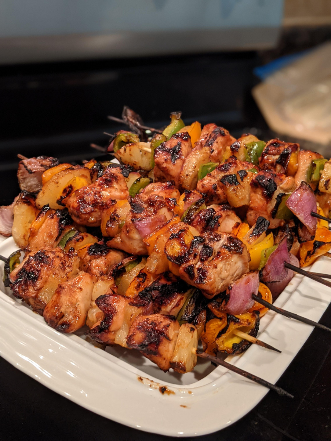 First time grilling all by myself 28F. Proud of myself! Hawaiian chicken kebobs