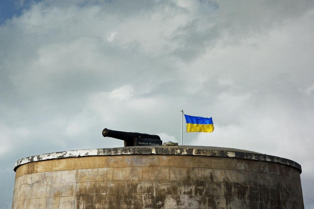 Ukrainian flag flying over a Martello Tower in Seaford, Sussex, UK