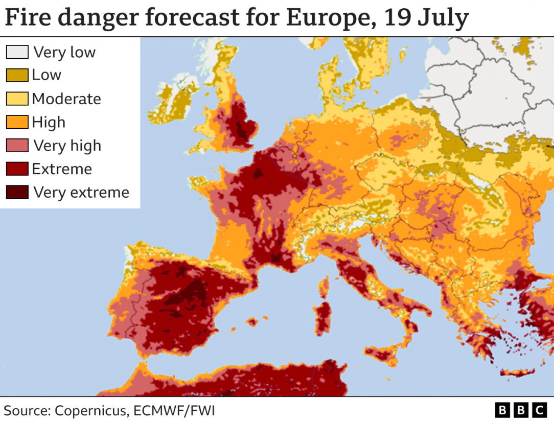 Fire risk across Western Europe today. Please be super careful