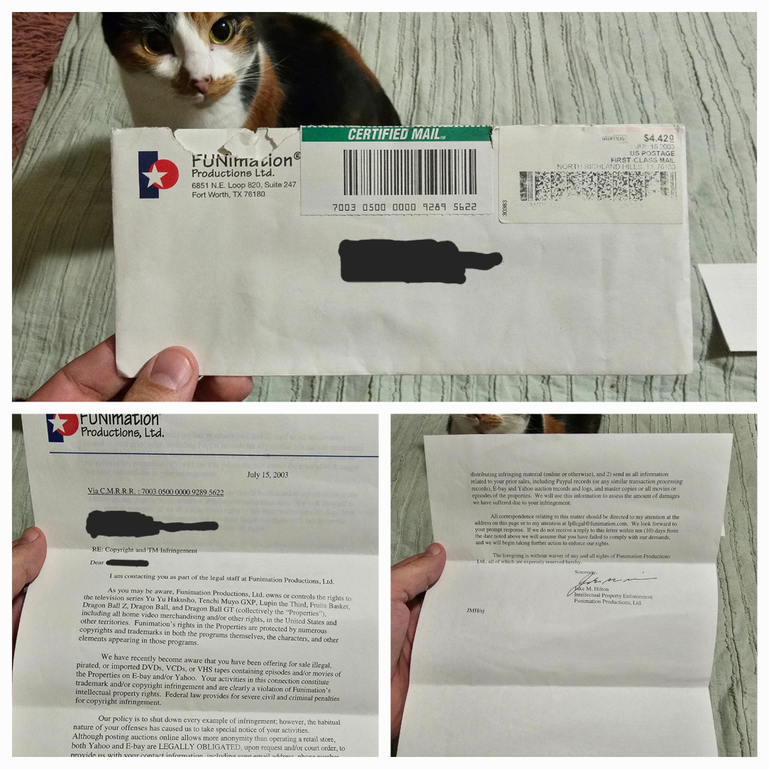 A cease and desist letter I received from Funimation back in 2003