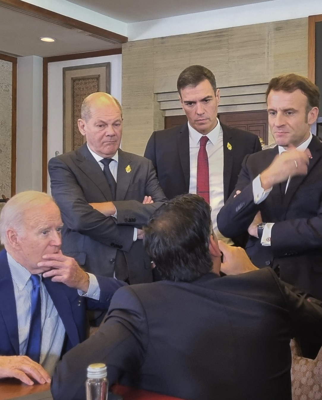 Joe Biden, Olaf Scholz, Pedro Sánchez, Emmanuel Macron and Rishi Sunak after yesterday polish missile strike (photo by: @mariatad Twitter)