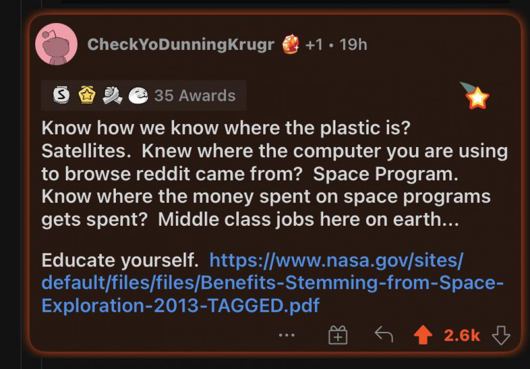 In response to the Great Pacific Garbage Patch, someone said we shouldn’t spend so much on Space programs