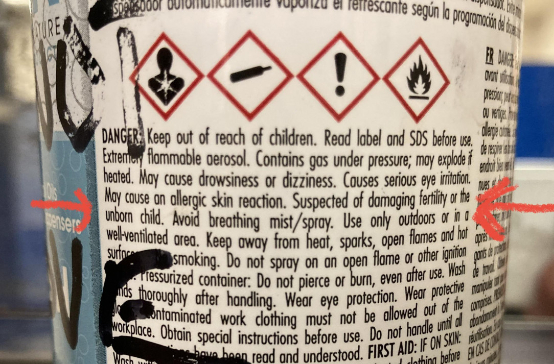 Aerosol deodorizer for our bathroom at work- “May damage fertility, do not breathe, use only outdoors. ” Greeat