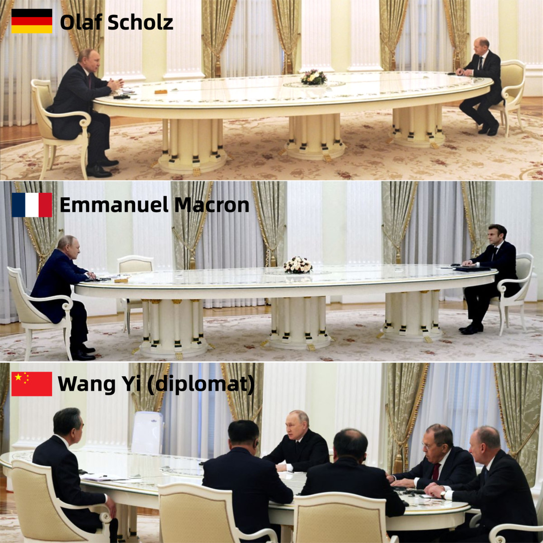 Putin&#039;s interestingly different seating arrangements (at the same table) for meetings with different state leaders and officials