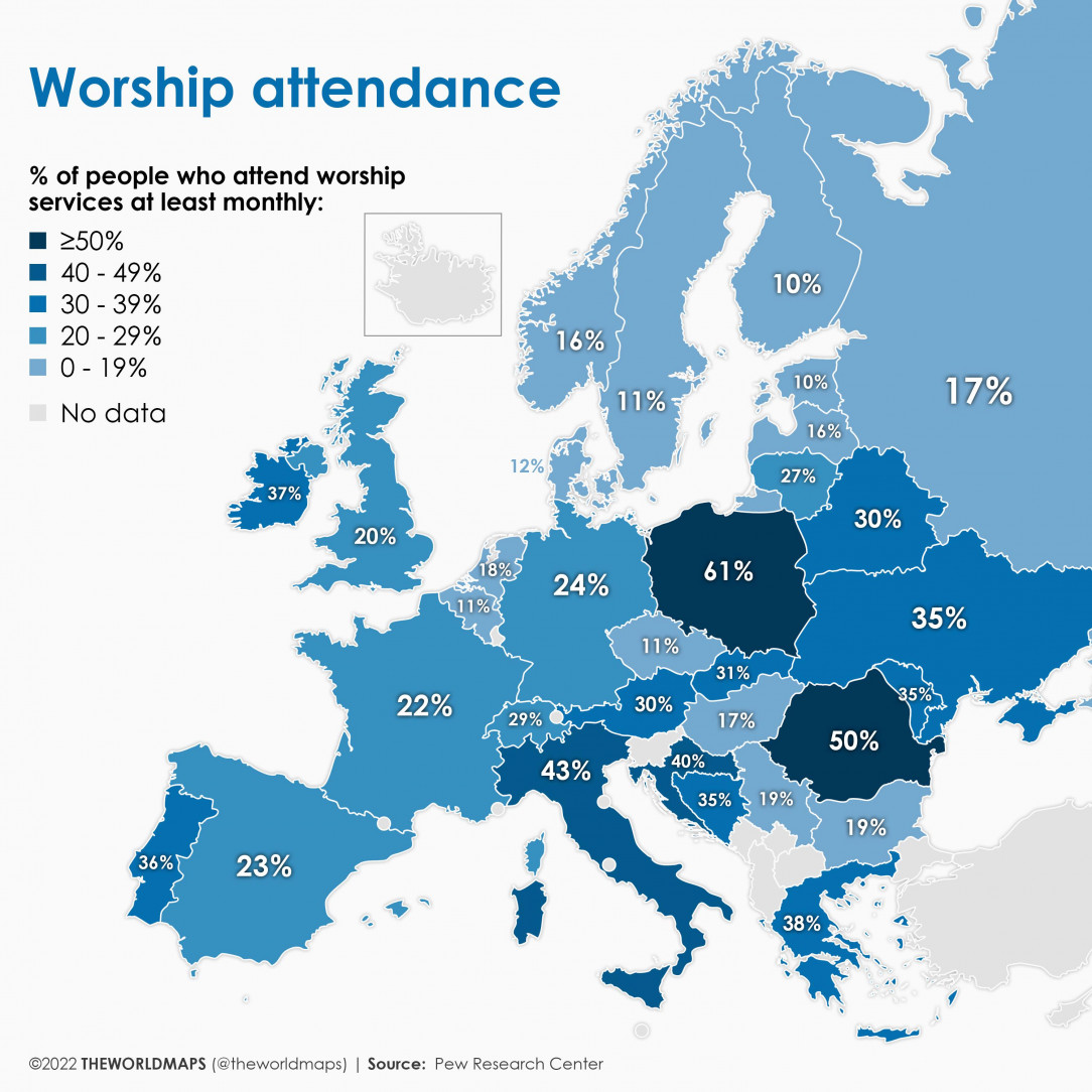 % of people who attend worship services at least monthly